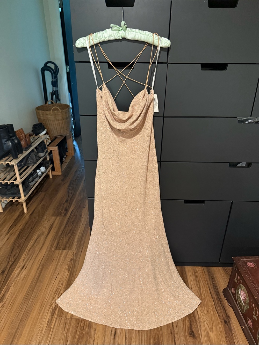 City Triangles Gold Champagne Sparkle Cowl Backless Slip Dress
